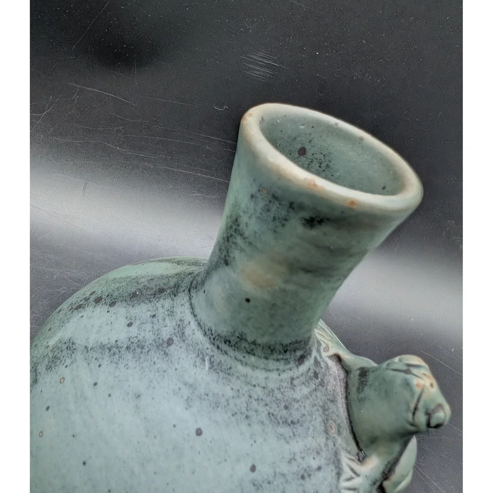 Studio Pottery Frog Bud Vase Celadon Green Speckled Glaze Artisan Stoneware 5.5